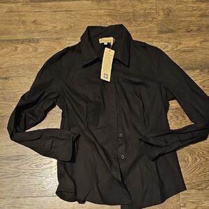 NWT Kate Kasin Classic Black Dress Shirt Women Large Casual Button Long Sleeve